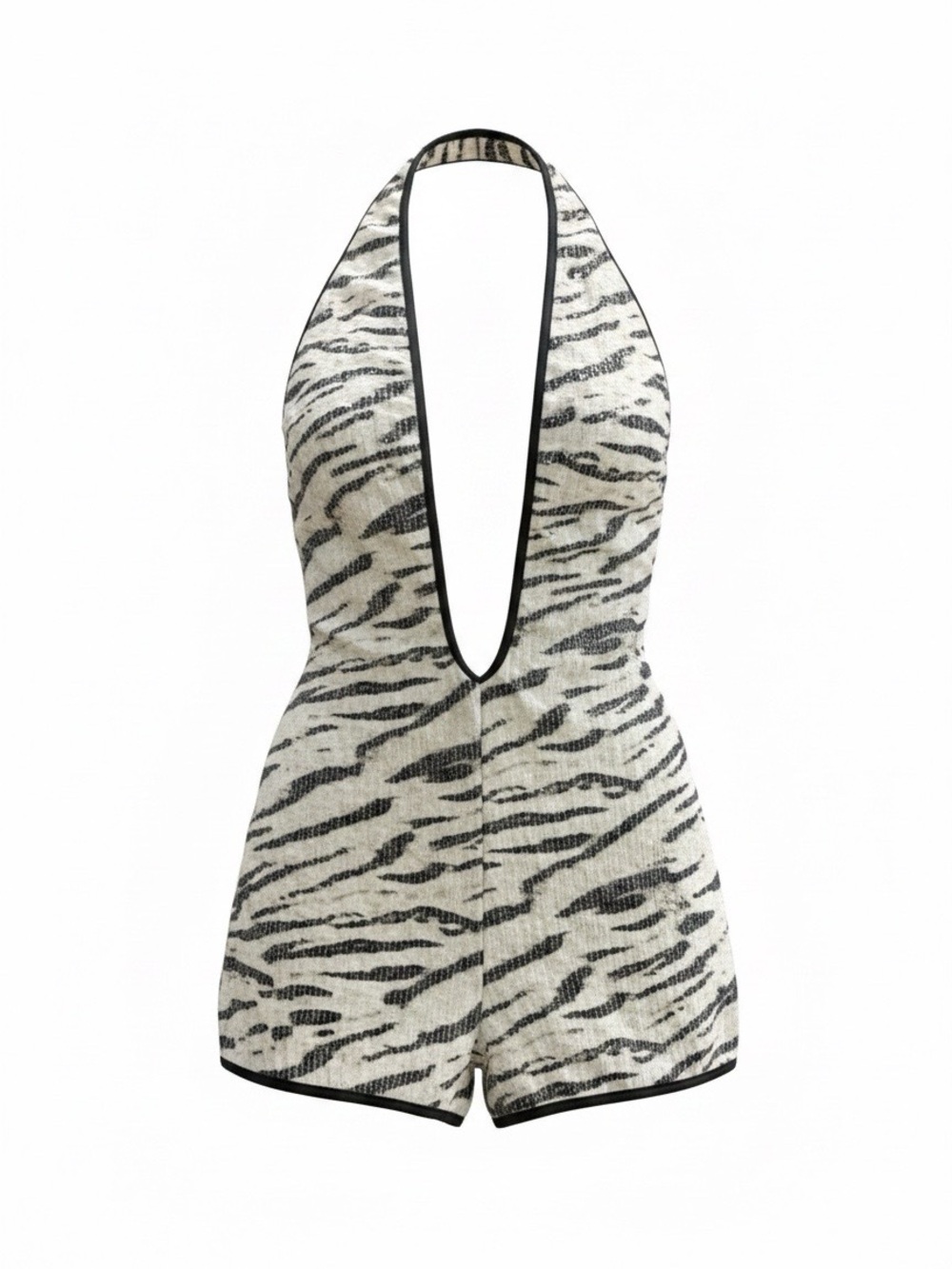 Deep V Zebra Halter Romper in Cream & Black